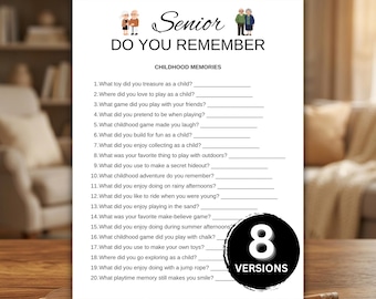 Pode incluir: Uma folha de jogo em papel branco intitulada Senior DO YOU REMEMBER CHILDHOOD MEMORIES com vinte perguntas numeradas e linhas em branco. O topo apresenta ilustrações de casais idosos e um círculo preto indicando 8 VERSIONS.