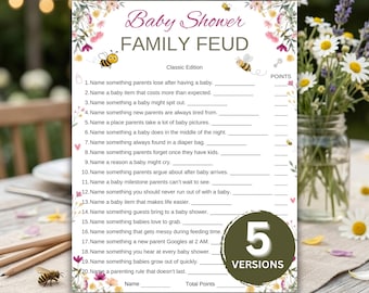 Pode incluir: Um cartão de jogo de chá de bebê retangular intitulado Baby Shower FAMILY FEUD Classic Edition, com bordas florais, abelhas desenhadas, uma lista numerada de 20 perguntas com linhas para respostas e um selo circular 5 VERSIONS.