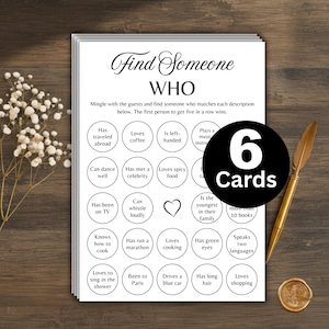 May include: A stack of six white game cards with the text "Find Someone Who" and various prompts. A black circle with the number "6" and the word "Cards" is on the right. A gold quill and wax seal are also present.
