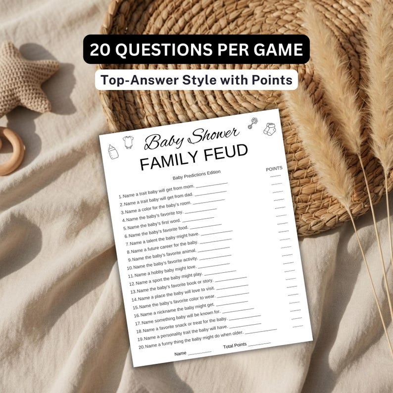 May include: A white paper game sheet titled Baby Shower FAMILY FEUD Baby Predictions Edition with 20 numbered questions and lines for answers. The text 20 QUESTIONS PER GAME and Top-Answer Style with Points appear in black boxes above the sheet.
