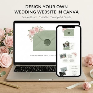 Könnte beinhalten: Ein Laptop und ein Smartphone zeigen ein Hochzeitswebsite-Design. Der Laptop-Bildschirm zeigt einen grünen Umschlag mit floralen Akzenten und einem Wachssiegel. Das Telefon zeigt ein Website-Layout mit Fotos und Text. Der Text lautet: DESIGN YOUR OWN WEDDING WEBSITE IN CANVA.