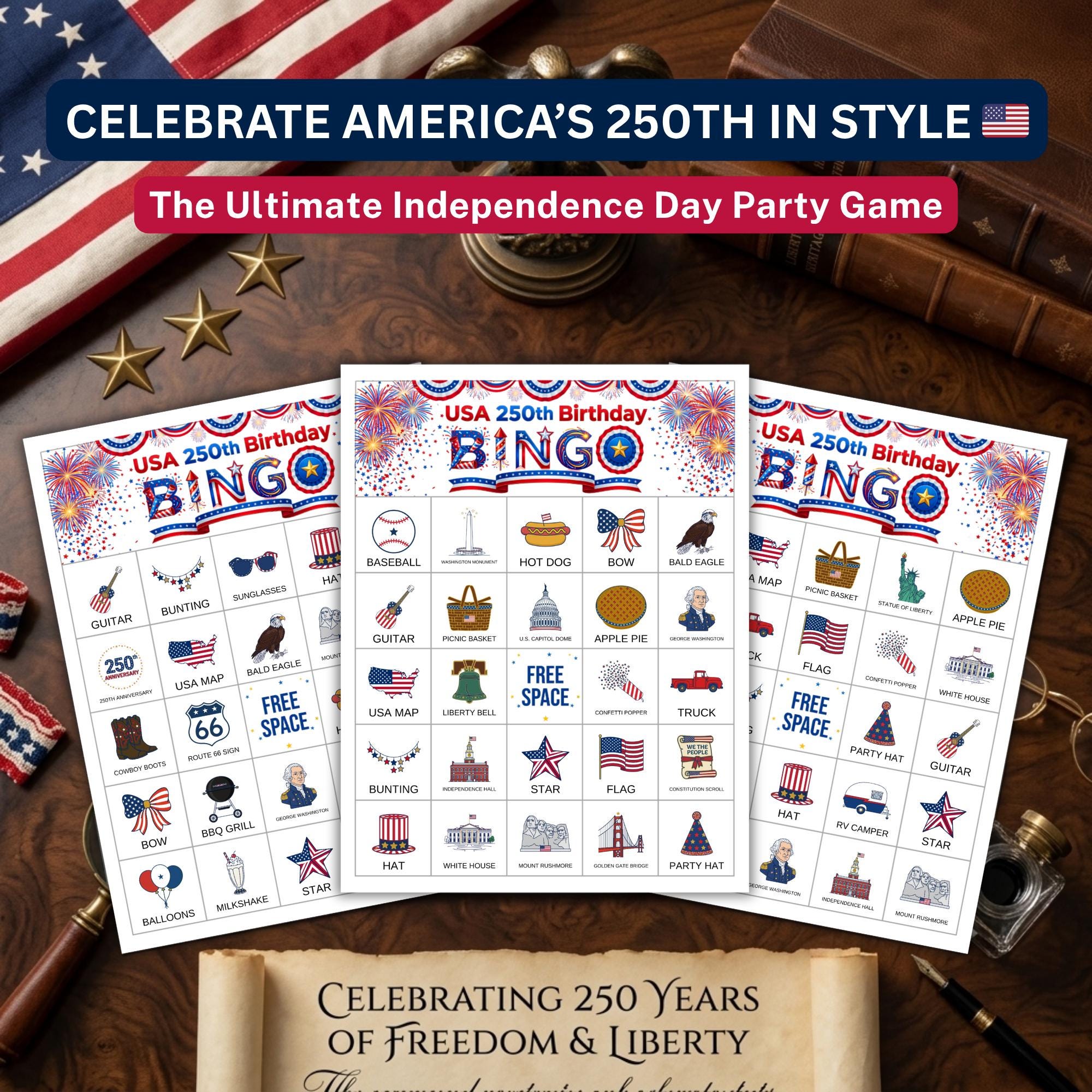 USA 250th Anniversary Bingo Game – 100 Unique Cards, Patriotic 4th of ...