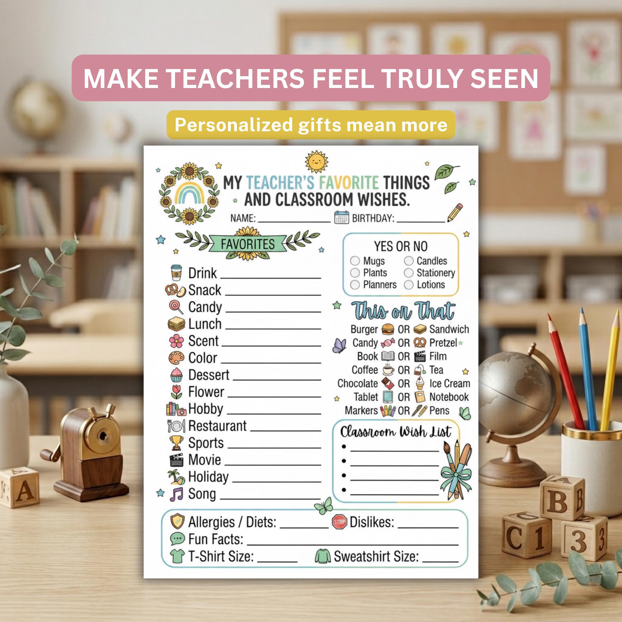 Teacher Favorite Things List Printable | All About My Teacher, Teacher ...
