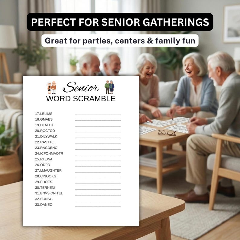 Seniors Word Scramble Game Printable, Senior Citizen Games, Retirement
