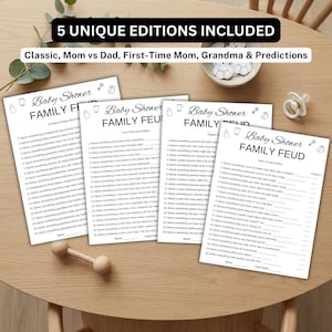 May include: Four white paper game sheets titled Baby Shower FAMILY FEUD with black text and line prompts. The sheets include editions for Grandma, First-Time Mom, Classic, and Mom vs Dad. Text reads 5 UNIQUE EDITIONS INCLUDED and Classic, Mom vs Dad, First-Time Mom, Grandma & Predictions.