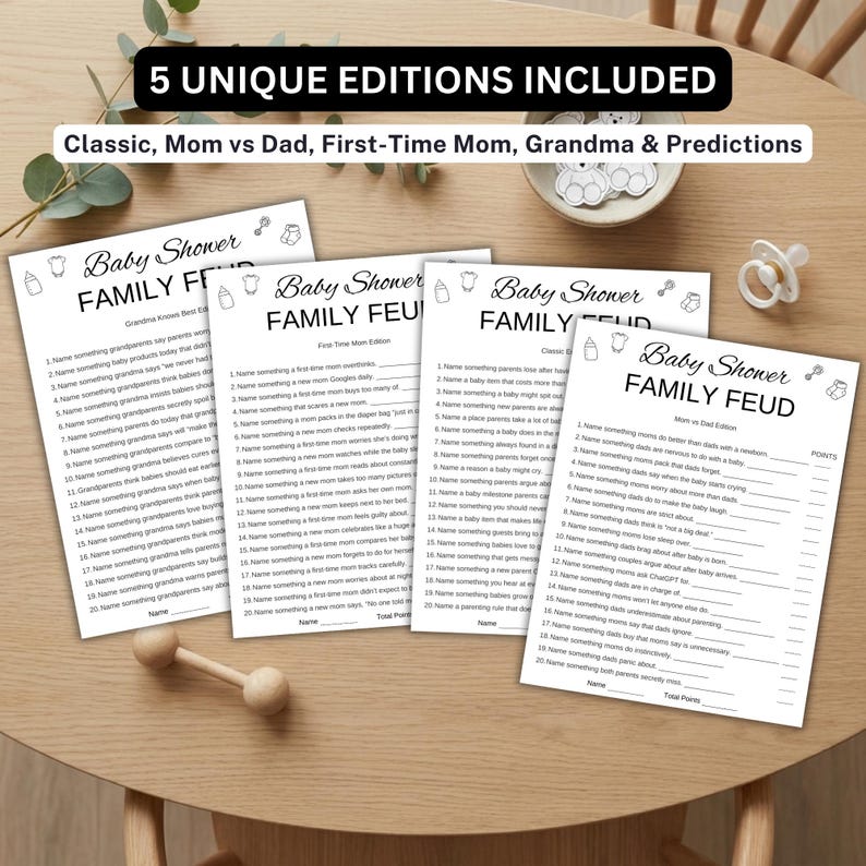 May include: Four white paper game sheets titled Baby Shower FAMILY FEUD with black text and line prompts. The sheets include editions for Grandma, First-Time Mom, Classic, and Mom vs Dad. Text reads 5 UNIQUE EDITIONS INCLUDED and Classic, Mom vs Dad, First-Time Mom, Grandma & Predictions.