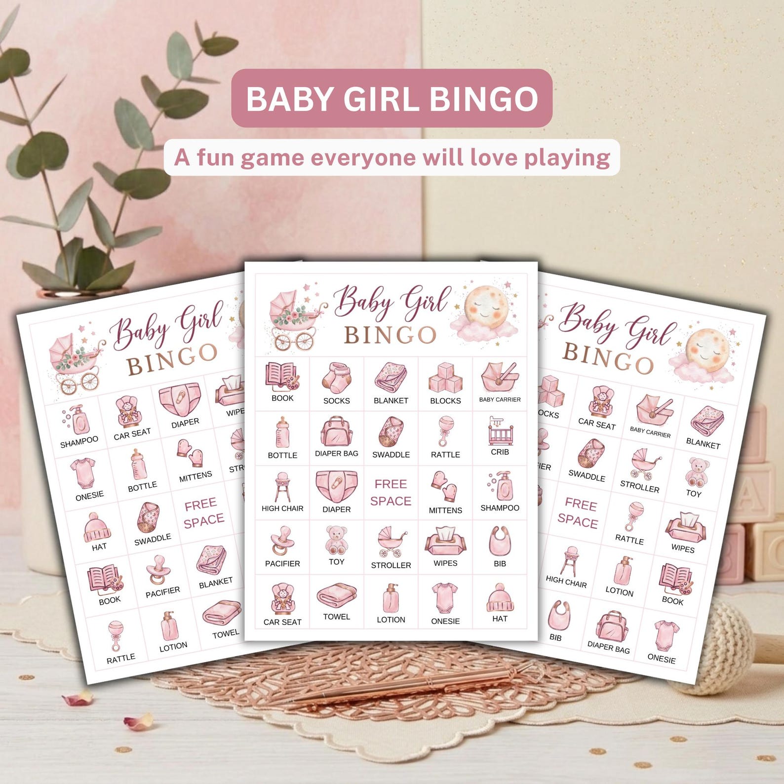 Baby Girl Bingo – Printable Baby Shower Bingo Game, 100 Prefilled Baby ...