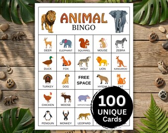 Animals Bingo Printable Game for Kids, 100 Unique Cards, Classroom Bingo Activity, Birthday and Baby Shower Bingo, Family & Jungle Bingo Fun