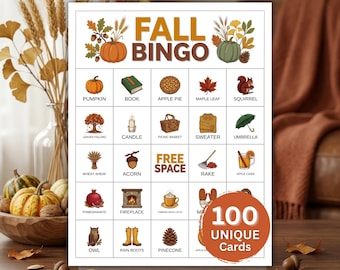 Pode incluir: Uma cartela de jogo de bingo de outono com uma grade de ilustrações temáticas, incluindo abóboras, folhas e um esquilo. O texto diz Fall Bingo e 100 Unique Cards. Cada quadrado contém um ícone sazonal e um rótulo correspondente em inglês.