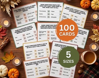 Pode incluir: Um conjunto de 100 cartas de trivia com tema de outono em 5 tamanhos, apresentando perguntas e respostas baseadas em pontos sobre atividades sazonais, itens domésticos e desejos de outono, sobre uma superfície de madeira com abóboras.