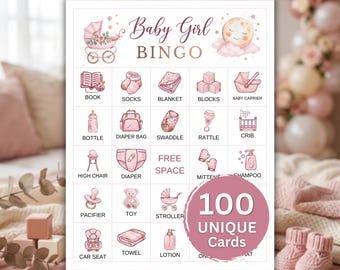 Baby Girl Bingo – Printable Baby Shower Bingo Game, 100 Prefilled Baby Bingo Cards, Fun Baby Shower Game, Modern Baby Shower Activity