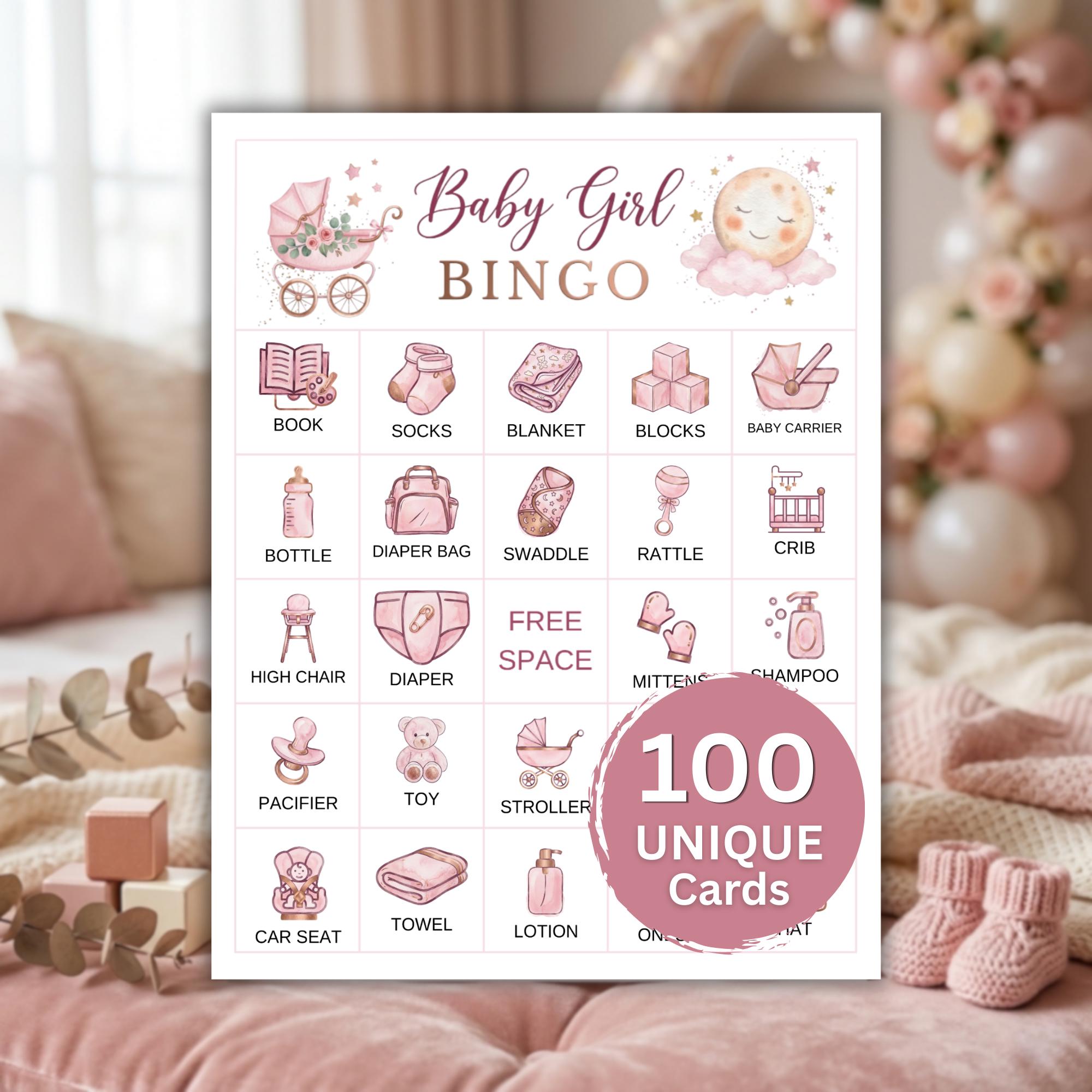 Baby Girl Bingo – Printable Baby Shower Bingo Game, 100 Prefilled Baby ...