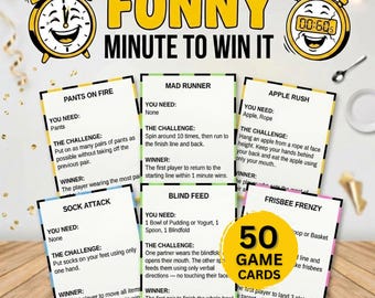 Pode incluir: Um conjunto de 50 cartas de jogo intituladas FUNNY MINUTE TO WIN IT, com gráficos de despertadores amarelos. Cada carta lista um desafio, itens necessários e critérios de vitória, incluindo jogos como Pants on Fire, Mad Runner e Blind Feed.