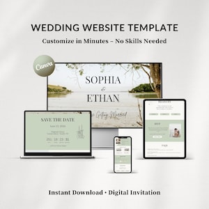 Puede incluir: Una plantilla de sitio web de bodas que se muestra en una computadora portátil, tableta, teléfono inteligente y monitor de escritorio. El diseño del sitio web presenta un esquema de color verde claro con los nombres "Sophia & Ethan" y el texto "Save the Date". La imagen también incluye el texto "Wedding Website Template".