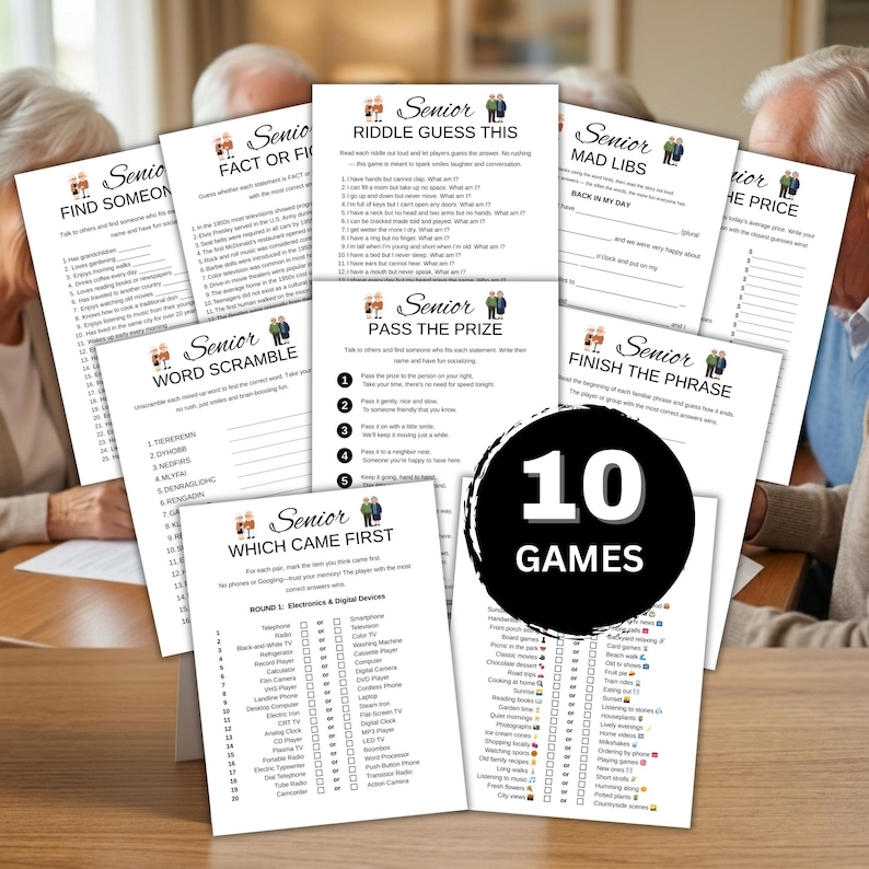 Seniors Games Bundle Printable, Senior Citizen Games, Brain Games for