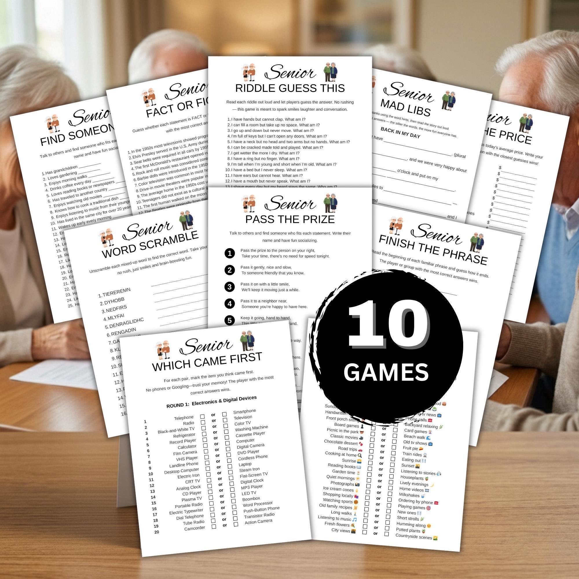 Seniors Games Bundle Printable, Senior Citizen Games, Brain Games for