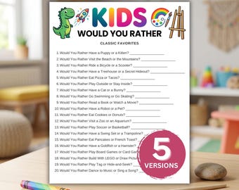 Pode incluir: Uma folha de jogo branca intitulada KIDS WOULD YOU RATHER CLASSIC FAVORITES com um dinossauro verde, foguete, arco-íris e cavalete. Lista 20 perguntas com linhas em branco e um emblema circular rosa com o texto branco 5 VERSIONS.
