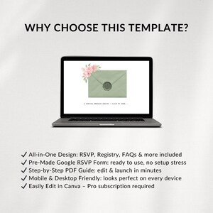 Puede incluir: Un ordenador port&aacute;til muestra una plantilla de invitaci&oacute;n digital. La pantalla muestra un sobre verde con un adorno floral y un sello de cera. El texto en la pantalla dice: "Un mensaje especial te espera - haz clic para abrir..." El texto "&iquest;POR QU&Eacute; ELEGIR ESTA PLANTILLA?" est&aacute; en la parte superior.