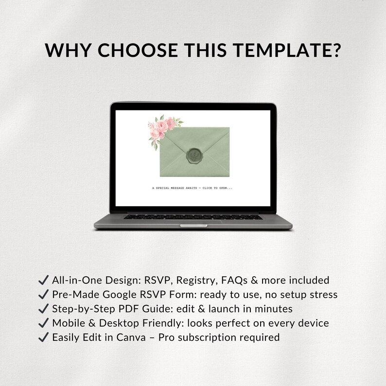 Puede incluir: Un ordenador port&aacute;til muestra una plantilla de invitaci&oacute;n digital. La pantalla muestra un sobre verde con un adorno floral y un sello de cera. El texto en la pantalla dice: "Un mensaje especial te espera - haz clic para abrir..." El texto "&iquest;POR QU&Eacute; ELEGIR ESTA PLANTILLA?" est&aacute; en la parte superior.
