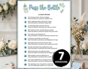 Pode incluir: Um cartão de jogo impresso intitulado Pass the Bottle Classic Edition com uma mamadeira e balões em aquarela. O cartão lista doze instruções numeradas em rima para um jogo de chá de bebê, com um emblema preto indicando 7 Versions.