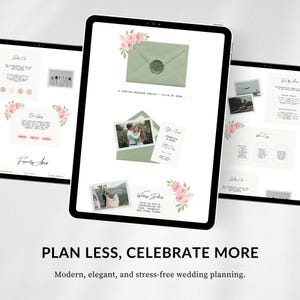 Puede incluir: Una tableta digital muestra informaci&oacute;n de planificaci&oacute;n de bodas. La pantalla muestra un gr&aacute;fico de sobre verde, fotos y texto. Acentos florales rosas decoran las p&aacute;ginas. El texto dice "PLAN LESS, CELEBRATE MORE" y "Modern, elegant, and stress-free wedding planning."