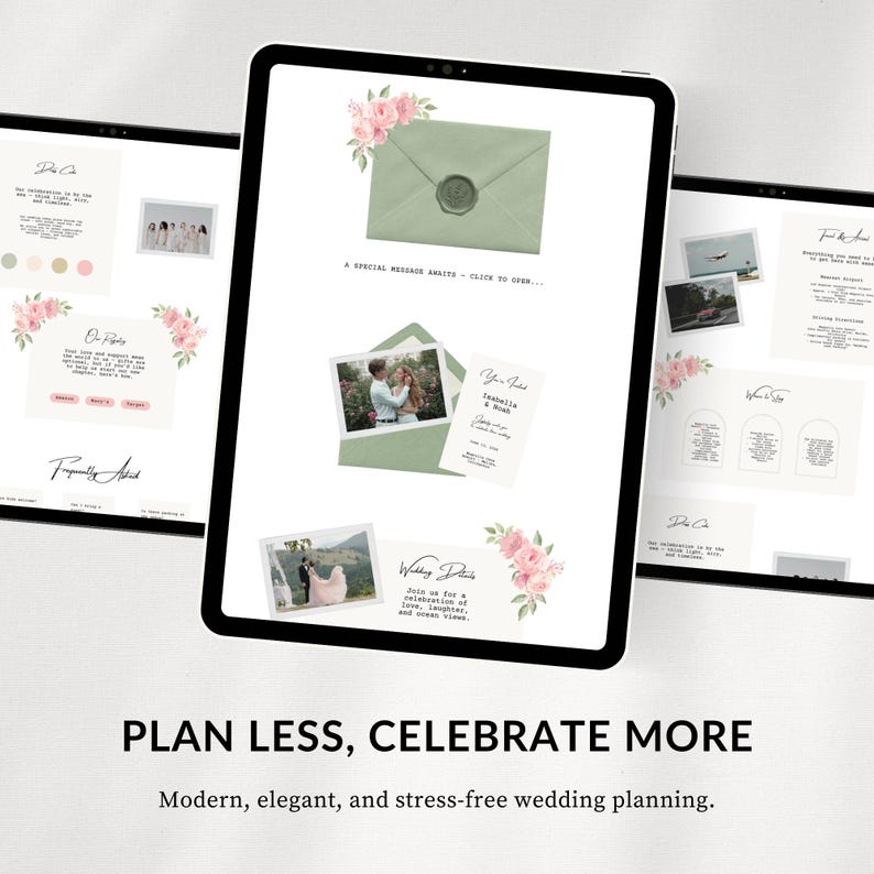 Puede incluir: Una tableta digital muestra informaci&oacute;n de planificaci&oacute;n de bodas. La pantalla muestra un gr&aacute;fico de sobre verde, fotos y texto. Acentos florales rosas decoran las p&aacute;ginas. El texto dice "PLAN LESS, CELEBRATE MORE" y "Modern, elegant, and stress-free wedding planning."