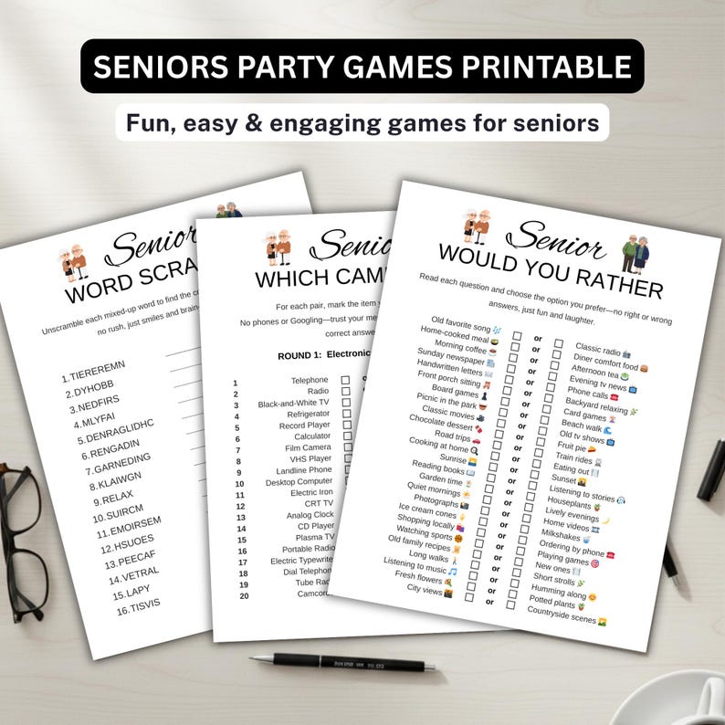 Seniors Games Bundle Printable, Senior Citizen Games, Brain Games for
