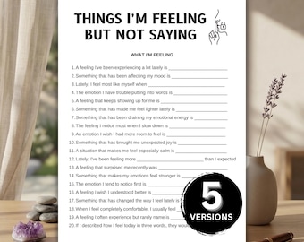 Pode incluir: Uma folha de trabalho imprimível branca intitulada THINGS I'M FEELING BUT NOT SAYING com um desenho de linha de um dedo sobre os lábios e um ícone de cadeado. Apresenta uma lista numerada de 20 perguntas com linhas em branco. Um selo preto circular indica 5 VERSIONS.
