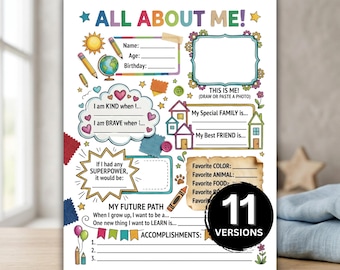 Pode incluir: Uma folha de atividades imprimível All About Me com ilustrações coloridas de sol, globo, lápis, casas e estrelas. A página inclui linhas em branco para nome, idade, família, amigos, favoritos e objetivos, com um selo preto de 11 versions.