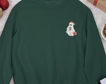Christmas Ghost Embroidered Sweatshirt, Santa Xmas Gift Shirt, Cute Spooky Holiday Sweater