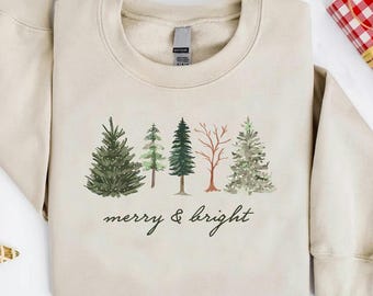 Merry And Bright Sweatshirt, Christmas Tree Gift Top, Crewneck Winter Sweater