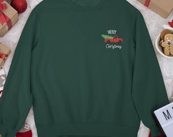 Embroidered Christmas Truck Sweatshirt, Holiday Sweater Gift Xmas ,Dog Lover Holiday Top