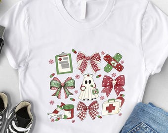 Christmas Nurse T-Shirt, Ghost Nursing Gift Tee, Coquette Holiday Nurse Tshirt