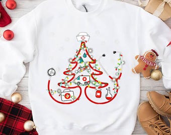 Christmas Stethoscope Tree Sweatshirt, Nurse Holiday Gift Top, Xmas Tshirt