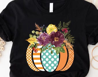 Floral Pumpkin Fall T-Shirt, Autumn Women's Gift, Cute Thanksgiving Tops Fall Vibe Tee