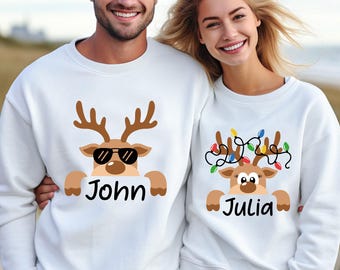 Personalized Christmas Reindeer Sweatshirt, Custom Couples Gift Xmas Top