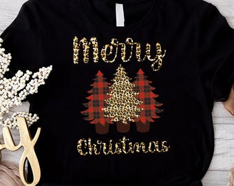 Christmas Tree Shirt, Leopard Plaid Gift Tee, Holiday Xmas T-Shirt
