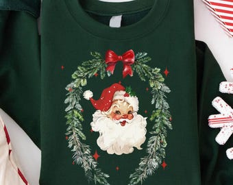Retro Santa Christmas Sweatshirt, Xmas Holiday Gift, Coquette Bow Christmas Tee