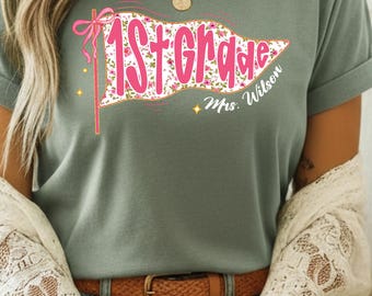 Comfort Colors® Custom 1st Grade Teacher Shirt, Back to School Gift Tee, Floral Pennant Flag