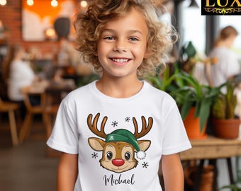 Custom Christmas Reindeer Toddler Shirt, Personalized Kids Holiday Gift Tee