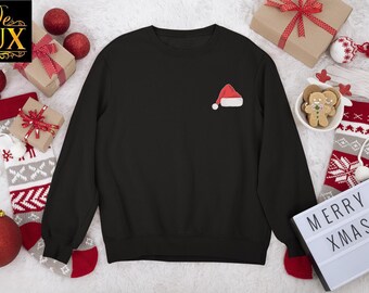Embroidered Christmas Hat Sweatshirt, Holiday Gift Outfit, Minimalist Sweater Cute Top