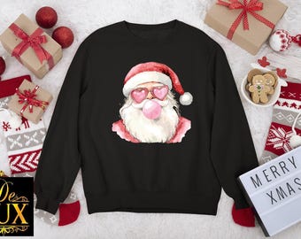 Retro Santa Sweatshirt, Pink Heart Sunglasses Gift Crewneck, Cute Christmas Top