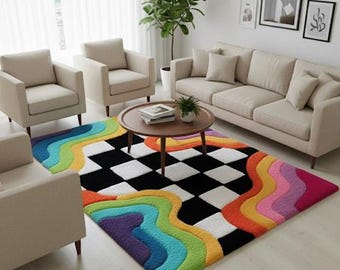 Hand Tufted Rainbow Checkerboard Rug, Geometric Boho Area Carpet