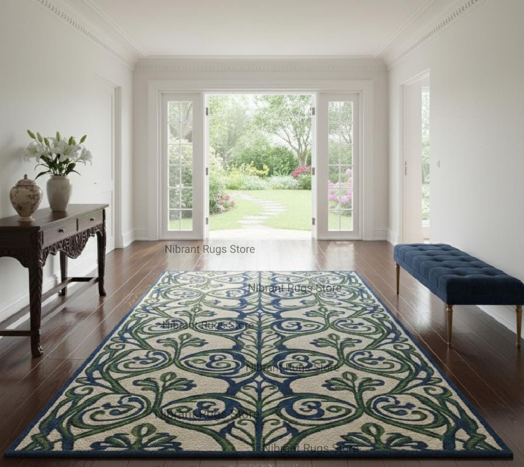 Hand-tufted Wool Area Rug | Blue Green Floral Botanical Design - Etsy