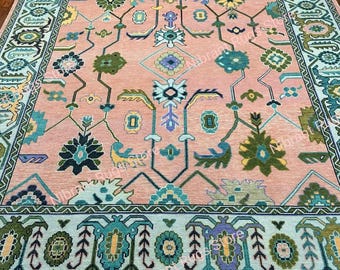 Pink Oushak Rug | Hand Knotted Wool Area Rug | Turkish Style Pastel Carpet | Vintage