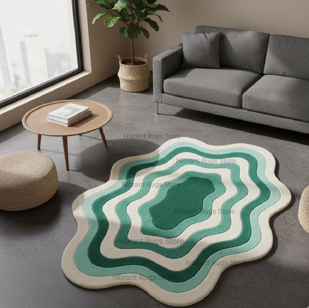 Hand Tufted Abstract Wool Rug | Green Organic Shape Carpet - Etsy