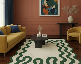 Hand Tufted Wool Rug, Green Ivory Organic Wave, Modern Abstract
