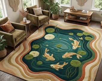 Hand-Tufted Wool Koi Fish Pond Rug | Nature-Inspired Carpet
