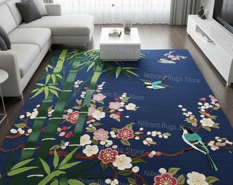 Floral Bird Bamboo Area Rug | Elegant Oriental Carpet