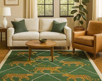 Hand-Tufted Wool Rug | Cheetah Design Green Safari Carpet